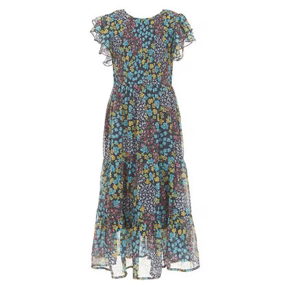 Tween Ruffle Sleeve Floral Printed Chiffon Maxi