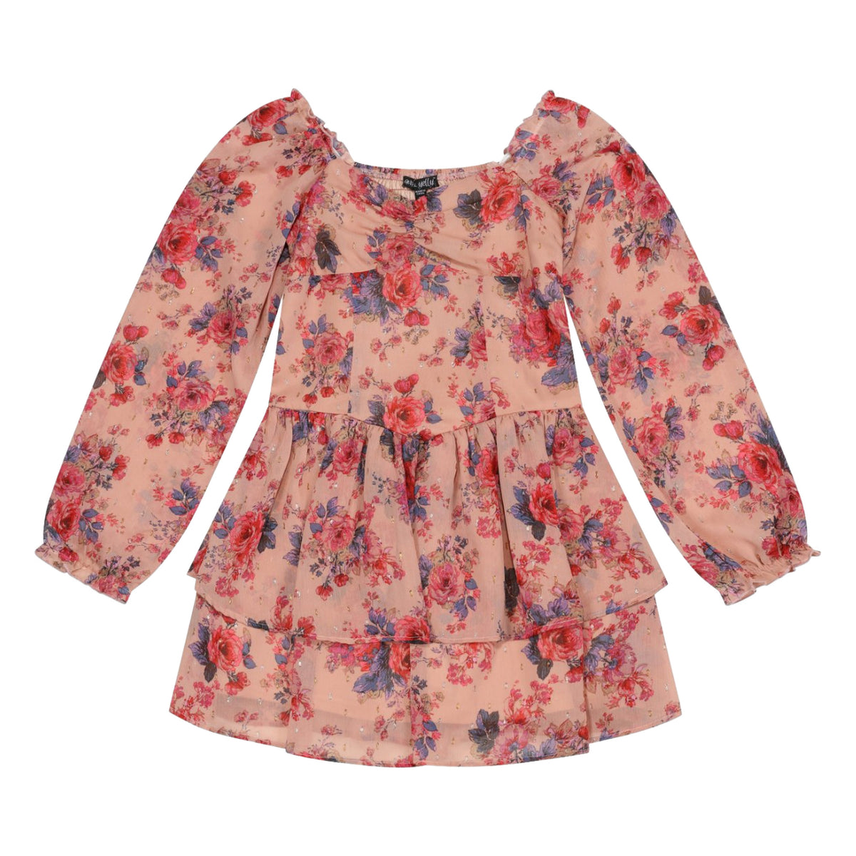 A long-sleeve tiered peplum dress for girls, featuring a red and blue floral print on a light peach-pink background, shown flat against a white background.