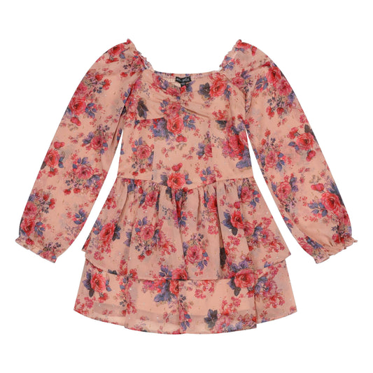 A long-sleeve tiered peplum dress for girls, featuring a red and blue floral print on a light peach-pink background, shown flat against a white background.