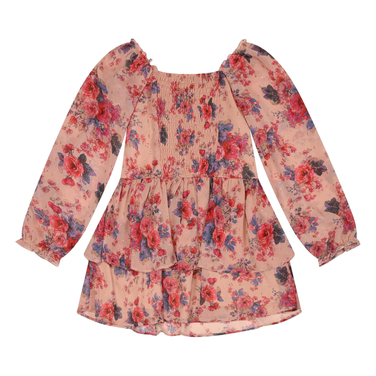 Back view of a long-sleeve floral dress with a smocked bodice, square neckline, and tiered ruffle hem, featuring a pinkish-beige base with red and blue flowers.