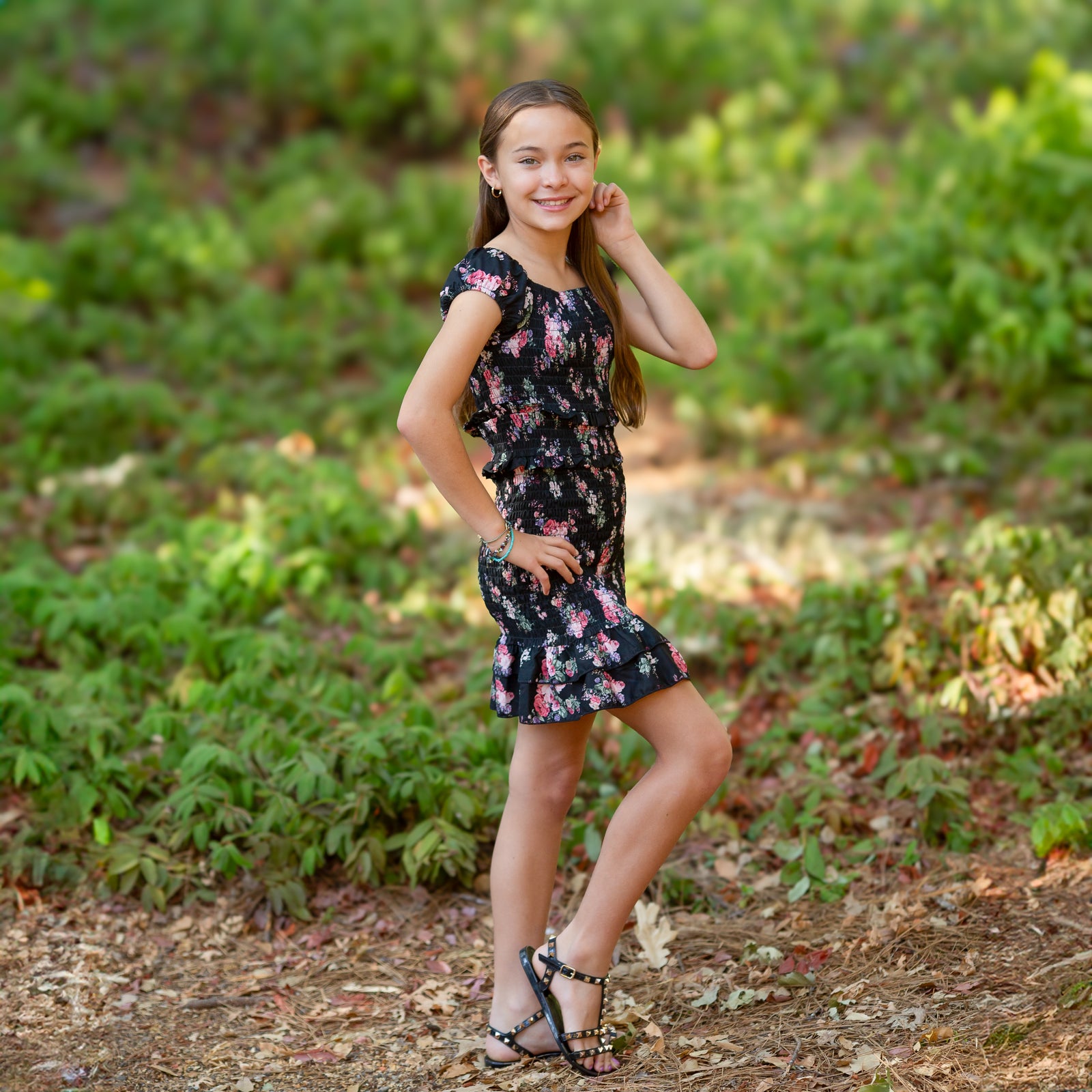Ava & Yelly Kids' Floral Smocked Dress in Black Pink Floral at Nordstrom, Size 8
