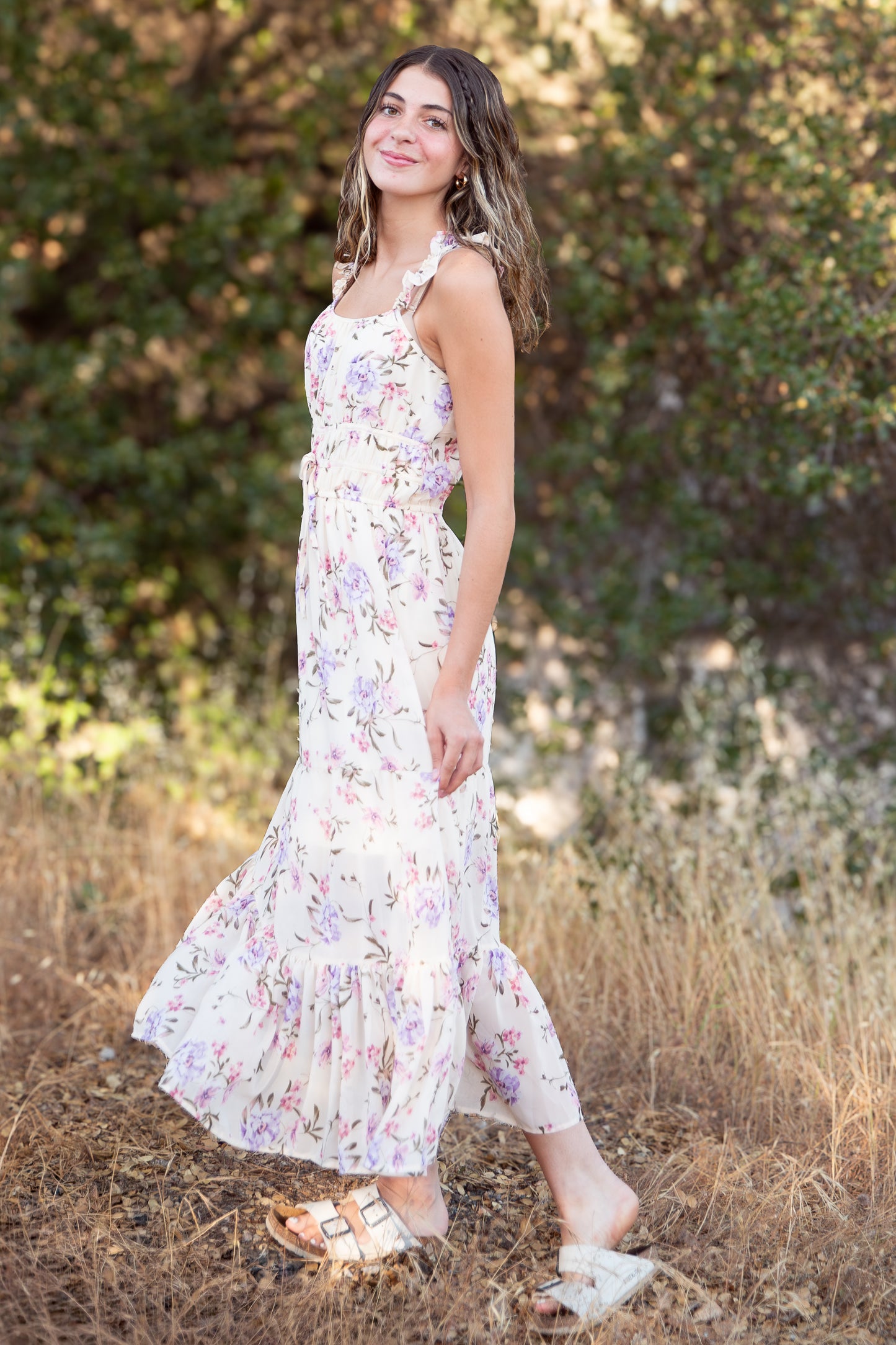 Tween Floral Ruffle Strap Maxi Dress