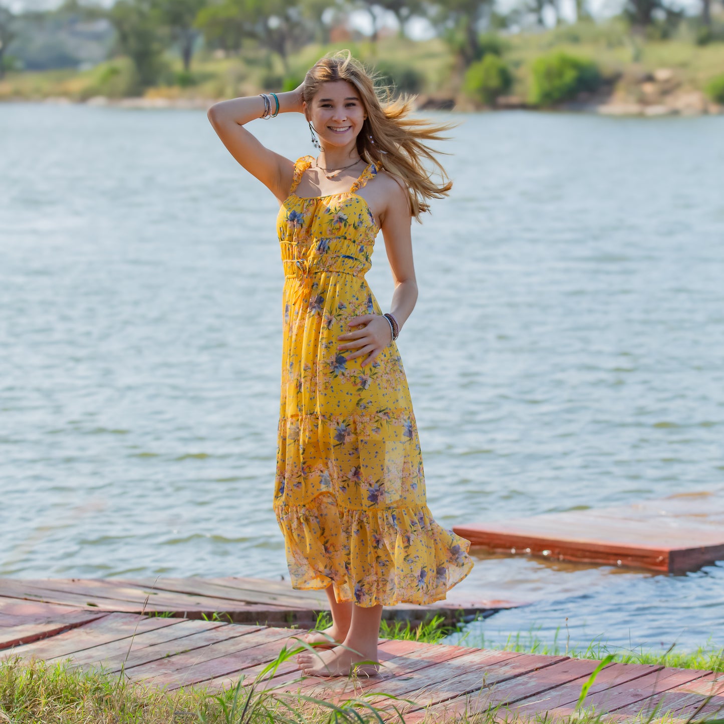 Tween Floral Ruffle Strap Maxi Dress