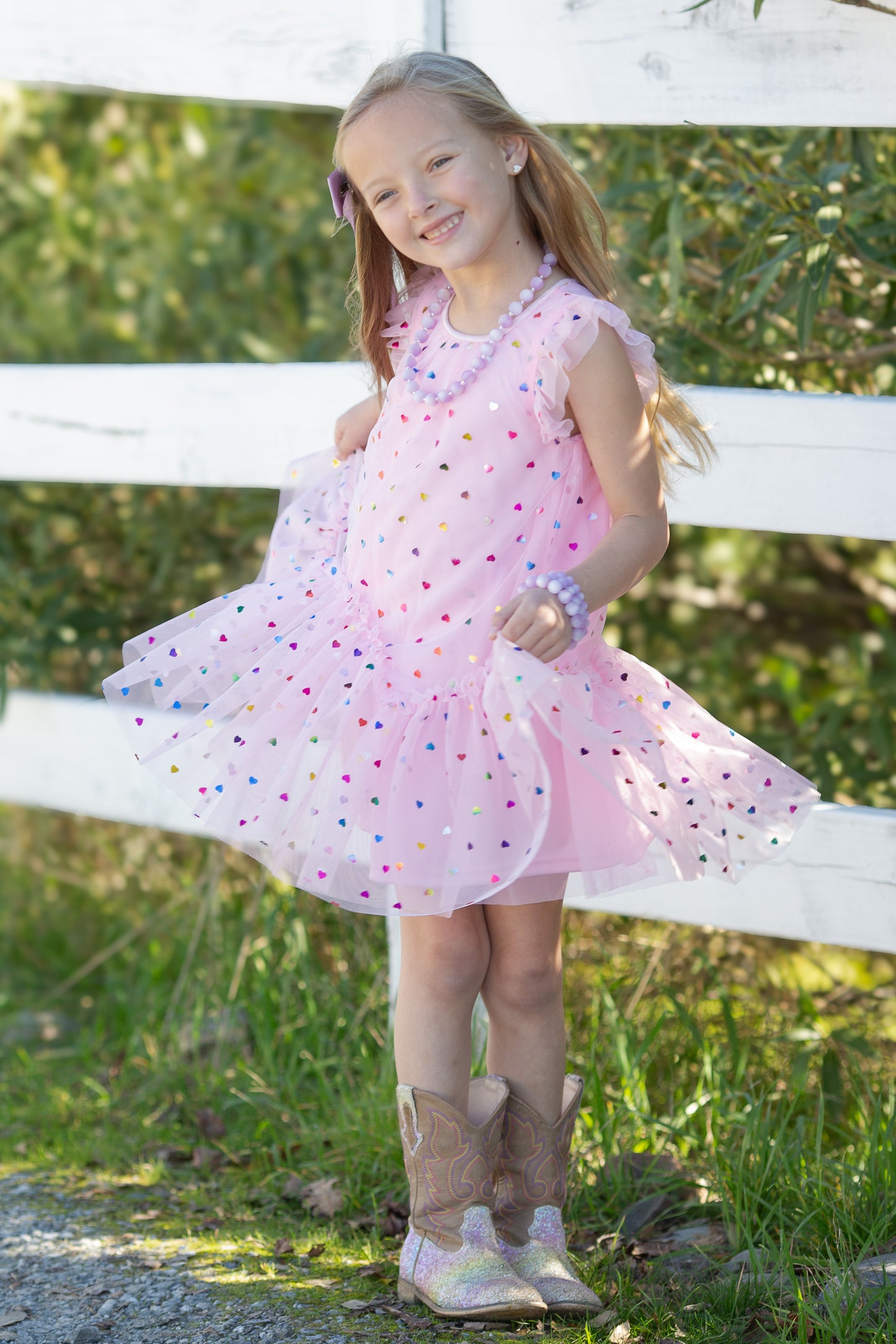 Girls Foil Heart Mesh Trapeze Party Dress
