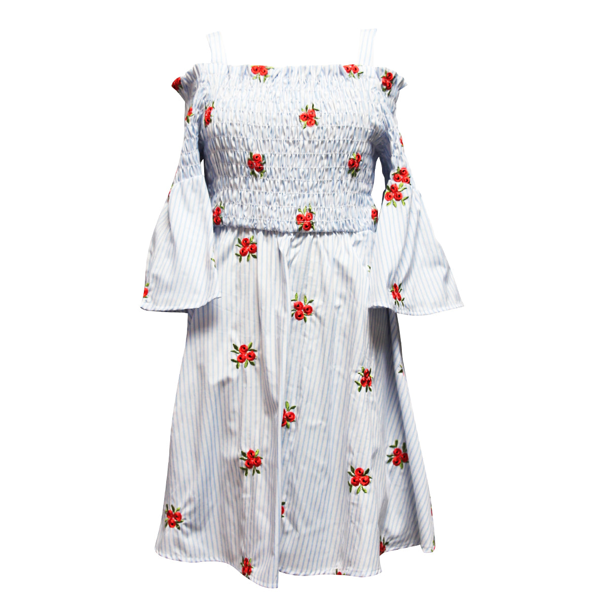 Embroidered Smocked Bell Sleeve Dress