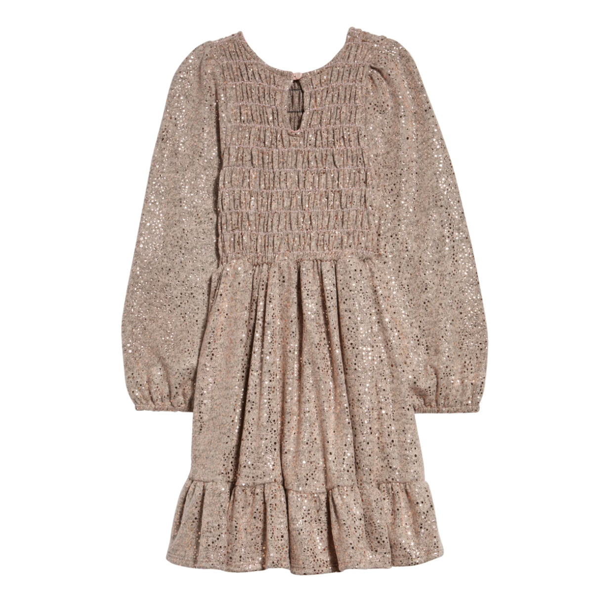 Long-Sleeve Foil-Dot-Print Smocked Flounce Hem Dress