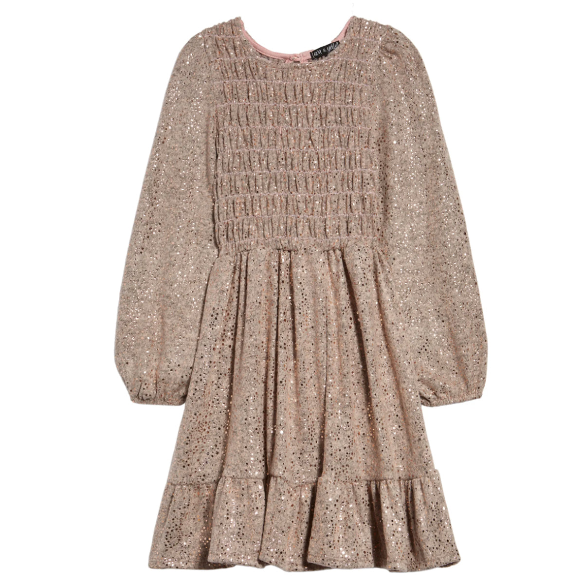 Long-Sleeve Foil-Dot-Print Smocked Flounce Hem Dress