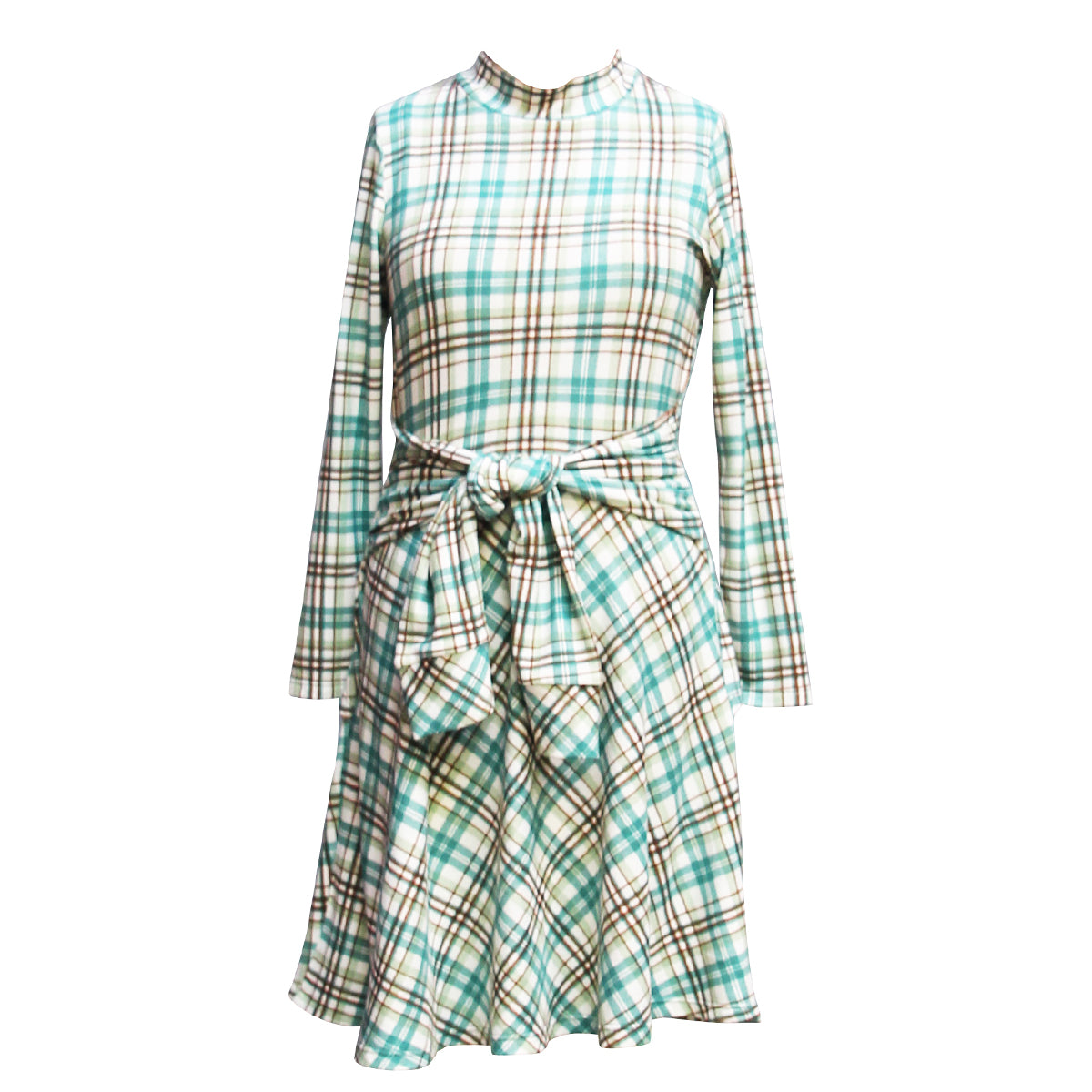 Long-Sleeve Plaid Tie-Front Fit-And-Flare Dress