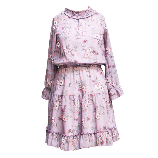 Floral Print Ruffle Chiffon A-Line Dress